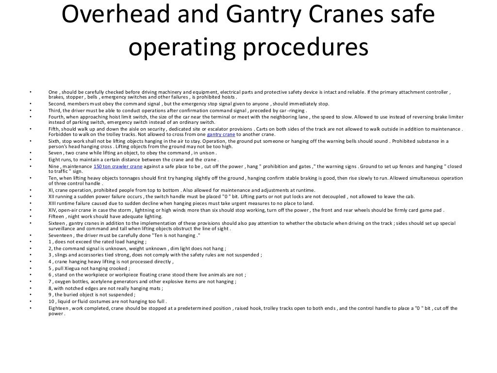Overhead and gantry cranes safe operating procedures