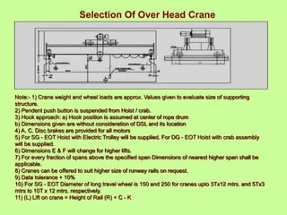 Note:- 1) Crane weight and wheel loads are approx. Values given to evaluate size of supporting
structure.
2) Pendent push button is suspended from Hoist / crab.
3) Hook approach: a) Hook position is assumed at center of rope drum
b) Dimensions given are without consideration of DSL and its location
4) A. C. Disc brakes are provided for all motors
5) For SG - EOT Hoist with Electric Trolley will be supplied. For DG - EOT Hoist with crab assembly
will be supplied.
6) Dimensions E & F will change for higher lifts.
7) For every fraction of spans above the specified span Dimensions of nearest higher span shall be
applicable.
8) Cranes can be offered to suit higher size of runway rails on request.
9) Data tolerance + 10%
10) For SG - EOT Diameter of long travel wheel is 150 and 250 for cranes upto 3Tx12 mtrs. and 5Tx3
mtrs to 10T x 12 mtrs. respectively.
11) (L) Lift on crane = Height of Rail (R) + C - K
Selection Of Over Head Crane
 