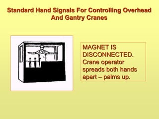 Standard Hand Signals For Controlling Overhead
And Gantry Cranes
MAGNET IS
DISCONNECTED.
Crane operator
spreads both hands
apart – palms up.
 