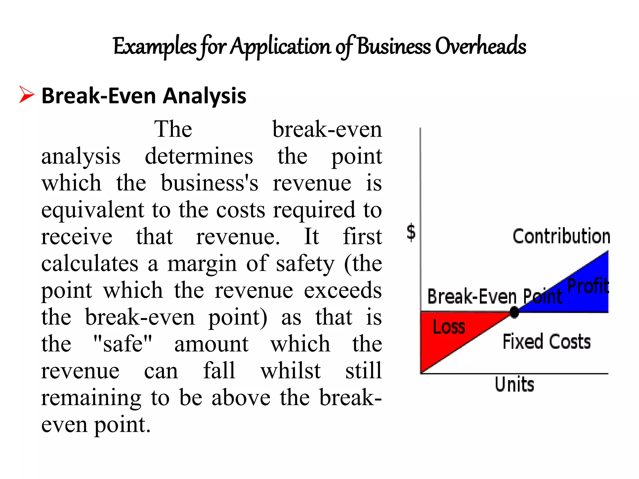 Examples for Application of Business Overheads
 Break-Even Analysis
The break-even
analysis determines the point
which the business's revenue is
equivalent to the costs required to
receive that revenue. It first
calculates a margin of safety (the
point which the revenue exceeds
the break-even point) as that is
the "safe" amount which the
revenue can fall whilst still
remaining to be above the break-
even point.
 