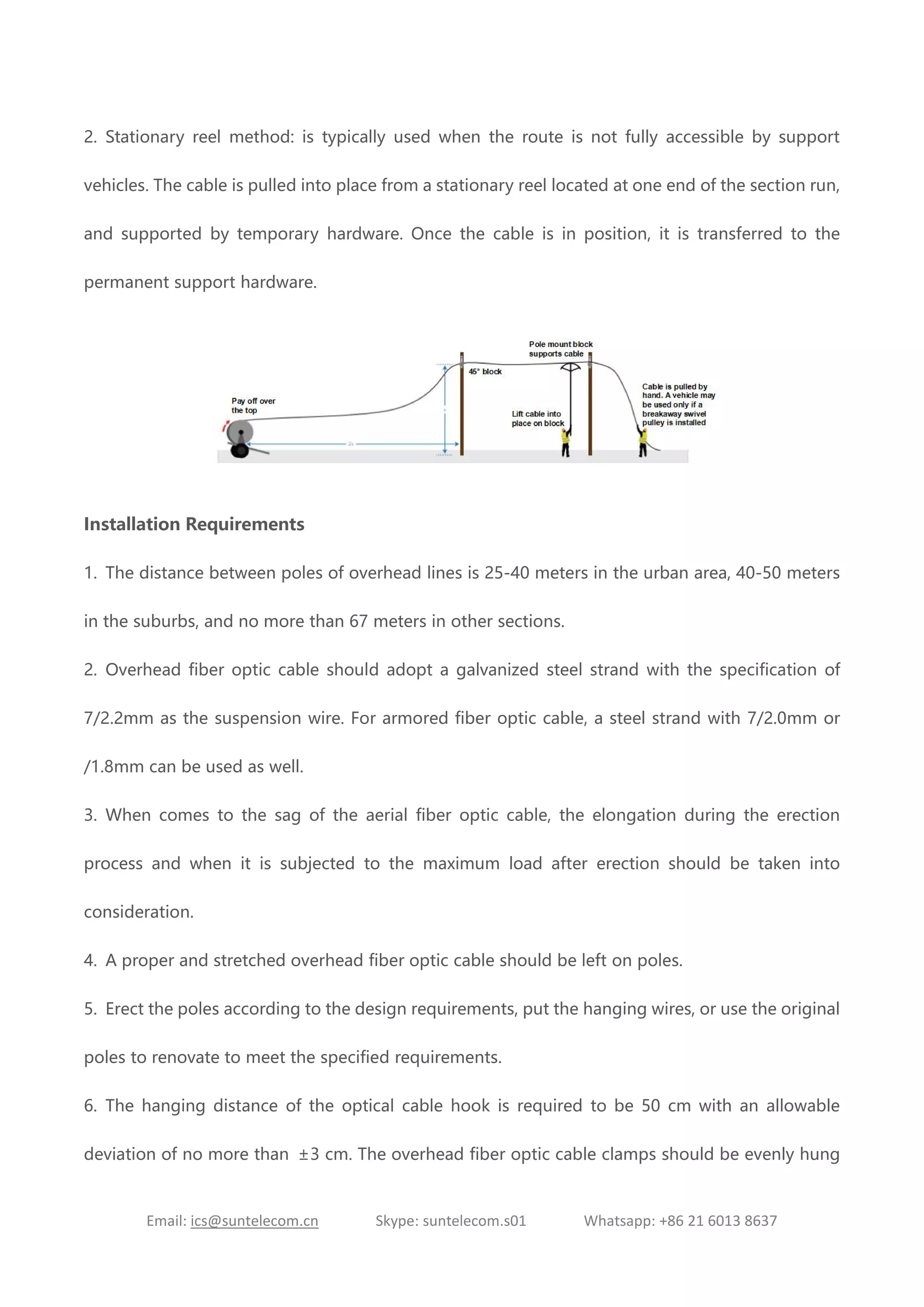 Email: ics@suntelecom.cn Skype: suntelecom.s01 Whatsapp: +86 21 6013 8637
2. Stationary reel method: is typically used when the route is not fully accessible by support
vehicles. The cable is pulled into place from a stationary reel located at one end of the section run,
and supported by temporary hardware. Once the cable is in position, it is transferred to the
permanent support hardware.
Installation Requirements
1. The distance between poles of overhead lines is 25-40 meters in the urban area, 40-50 meters
in the suburbs, and no more than 67 meters in other sections.
2. Overhead fiber optic cable should adopt a galvanized steel strand with the specification of
7/2.2mm as the suspension wire. For armored fiber optic cable, a steel strand with 7/2.0mm or
/1.8mm can be used as well.
3. When comes to the sag of the aerial fiber optic cable, the elongation during the erection
process and when it is subjected to the maximum load after erection should be taken into
consideration.
4. A proper and stretched overhead fiber optic cable should be left on poles.
5. Erect the poles according to the design requirements, put the hanging wires, or use the original
poles to renovate to meet the specified requirements.
6. The hanging distance of the optical cable hook is required to be 50 cm with an allowable
deviation of no more than ±3 cm. The overhead fiber optic cable clamps should be evenly hung
 