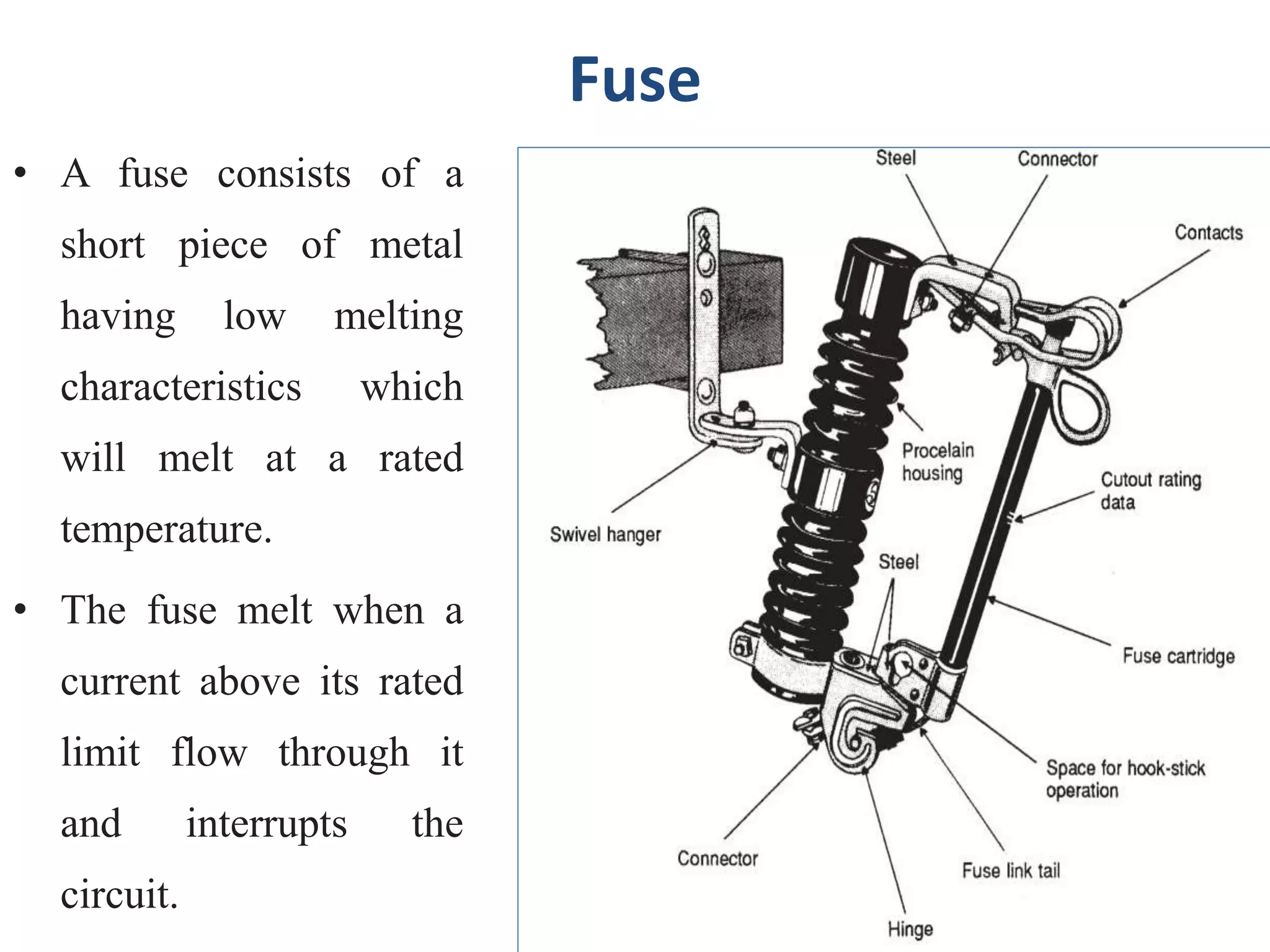 Fuse
• A fuse consists of a
short piece of metal
having low melting
characteristics which
will melt at a rated
temperature.
• The fuse melt when a
current above its rated
limit flow through it
and interrupts the
circuit.
 