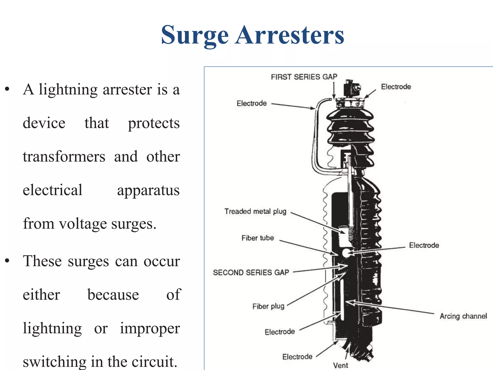 Surge Arresters
• A lightning arrester is a
device that protects
transformers and other
electrical apparatus
from voltage surges.
• These surges can occur
either because of
lightning or improper
switching in the circuit.
 