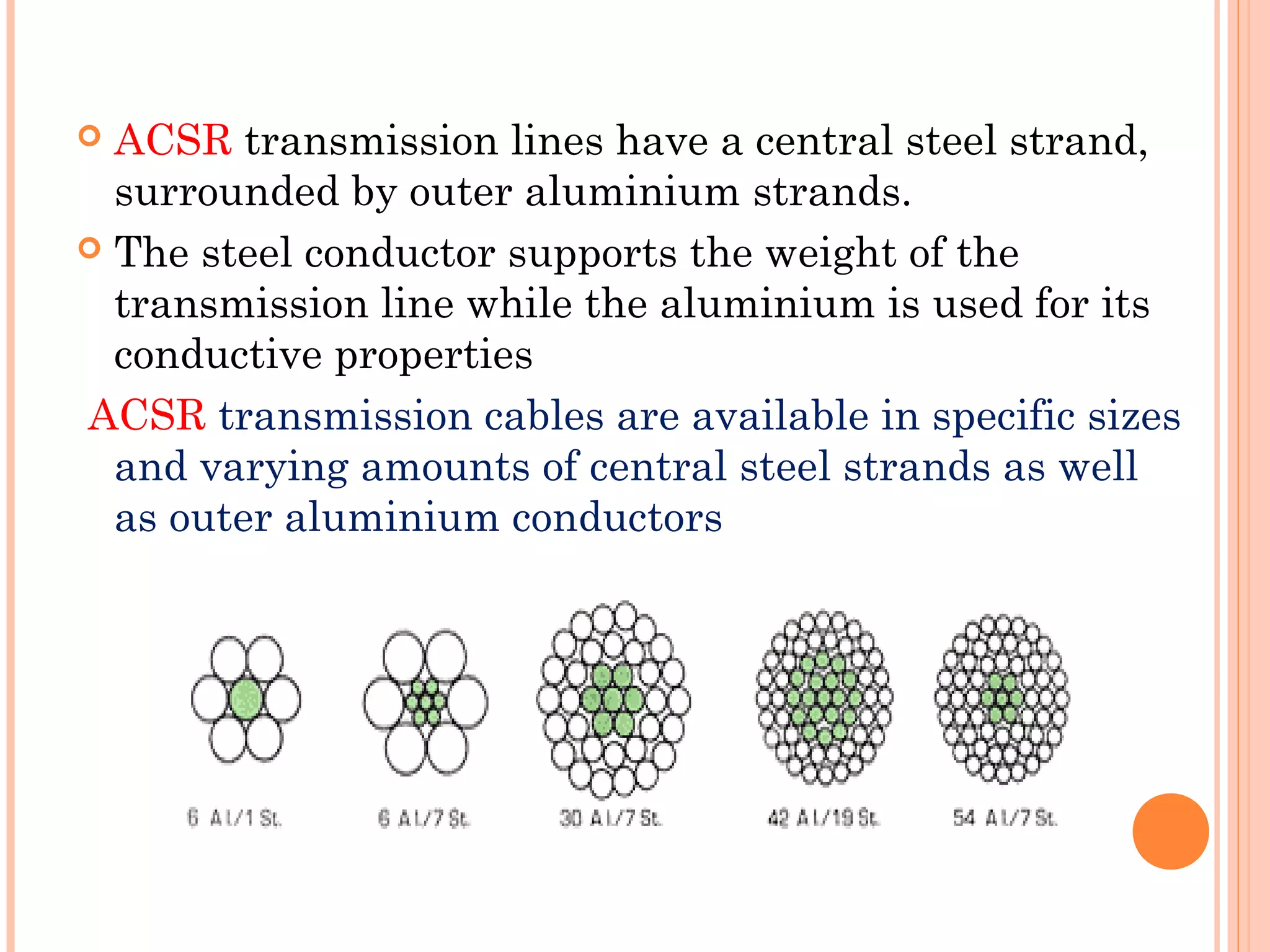  ACSR transmission lines have a central steel strand,
surrounded by outer aluminium strands.
 The steel conductor supports the weight of the
transmission line while the aluminium is used for its
conductive properties
ACSR transmission cables are available in specific sizes
and varying amounts of central steel strands as well
as outer aluminium conductors
 