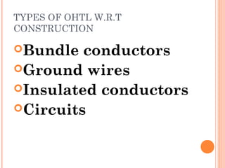 TYPES OF OHTL W.R.T
CONSTRUCTION
Bundle conductors
Ground wires
Insulated conductors
Circuits
 