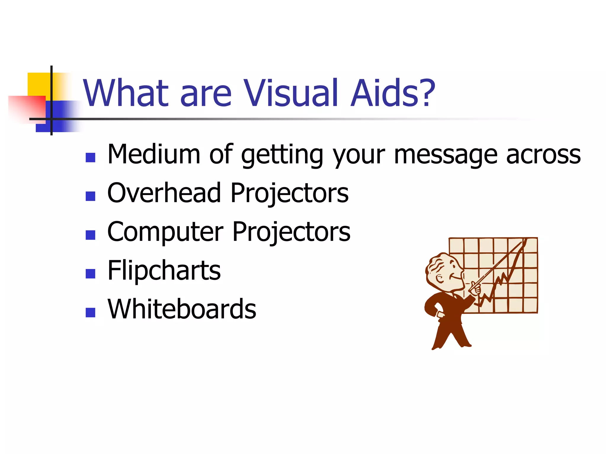 What are Visual Aids?
 Medium of getting your message across
 Overhead Projectors
 Computer Projectors
 Flipcharts
 Whiteboards
 