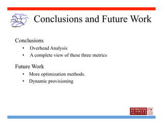 Conclusions and Future Work

Conclusions
  •    Overhead Analysis
  •    A complete view of these three metrics

Future Work
  •  More optimization methods.
  •  Dynamic provisioning
 