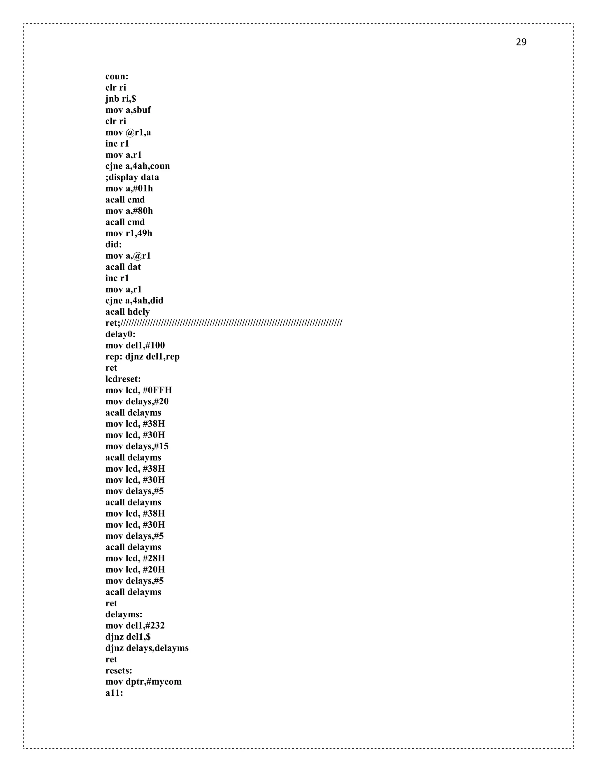 29
coun:
clr ri
jnb ri,$
mov a,sbuf
clr ri
mov @r1,a
inc r1
mov a,r1
cjne a,4ah,coun
;display data
mov a,#01h
acall cmd
mov a,#80h
acall cmd
mov r1,49h
did:
mov a,@r1
acall dat
inc r1
mov a,r1
cjne a,4ah,did
acall hdely
ret;//////////////////////////////////////////////////////////////////////////////////
delay0:
mov del1,#100
rep: djnz del1,rep
ret
lcdreset:
mov lcd, #0FFH
mov delays,#20
acall delayms
mov lcd, #38H
mov lcd, #30H
mov delays,#15
acall delayms
mov lcd, #38H
mov lcd, #30H
mov delays,#5
acall delayms
mov lcd, #38H
mov lcd, #30H
mov delays,#5
acall delayms
mov lcd, #28H
mov lcd, #20H
mov delays,#5
acall delayms
ret
delayms:
mov del1,#232
djnz del1,$
djnz delays,delayms
ret
resets:
mov dptr,#mycom
a11:
 