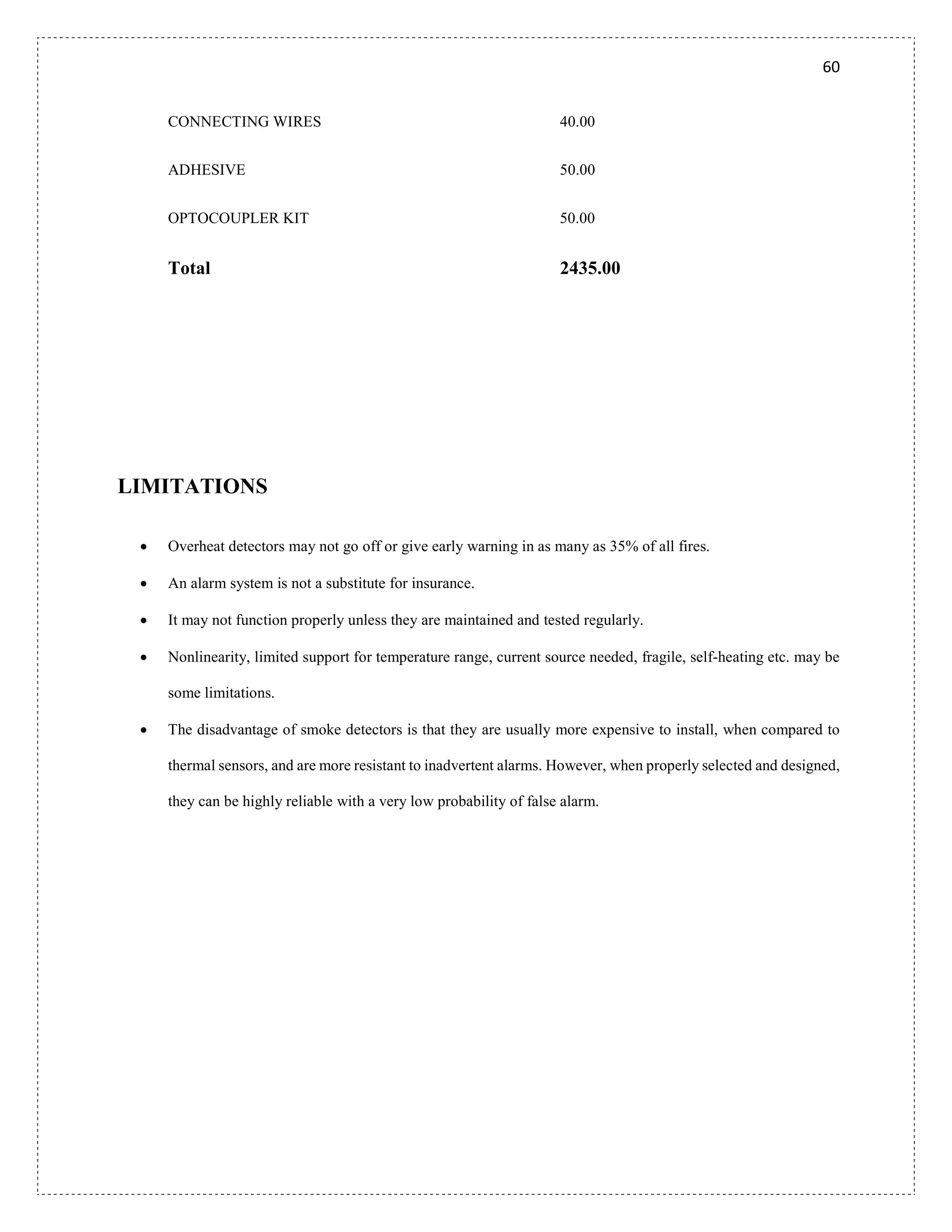 60
CONNECTING WIRES 40.00
ADHESIVE 50.00
OPTOCOUPLER KIT 50.00
Total 2435.00
LIMITATIONS
 Overheat detectors may not go off or give early warning in as many as 35% of all fires.
 An alarm system is not a substitute for insurance.
 It may not function properly unless they are maintained and tested regularly.
 Nonlinearity, limited support for temperature range, current source needed, fragile, self-heating etc. may be
some limitations.
 The disadvantage of smoke detectors is that they are usually more expensive to install, when compared to
thermal sensors, and are more resistant to inadvertent alarms. However, when properly selected and designed,
they can be highly reliable with a very low probability of false alarm.
 