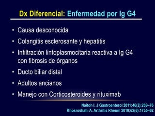 Dx Diferencial: Enfermedad por Ig G4
• Causa desconocida
• Colangitis esclerosante y hepatitis
• Infiltración linfoplasmocitaria reactiva a Ig G4
con fibrosis de órganos
• Ducto biliar distal
• Adultos ancianos
• Manejo con Corticosteroides y rituximab
Naitoh I. J Gastroenterol 2011;46(2):269–76
Khosroshahi A. Arthritis Rheum 2010;62(6):1755–62
 