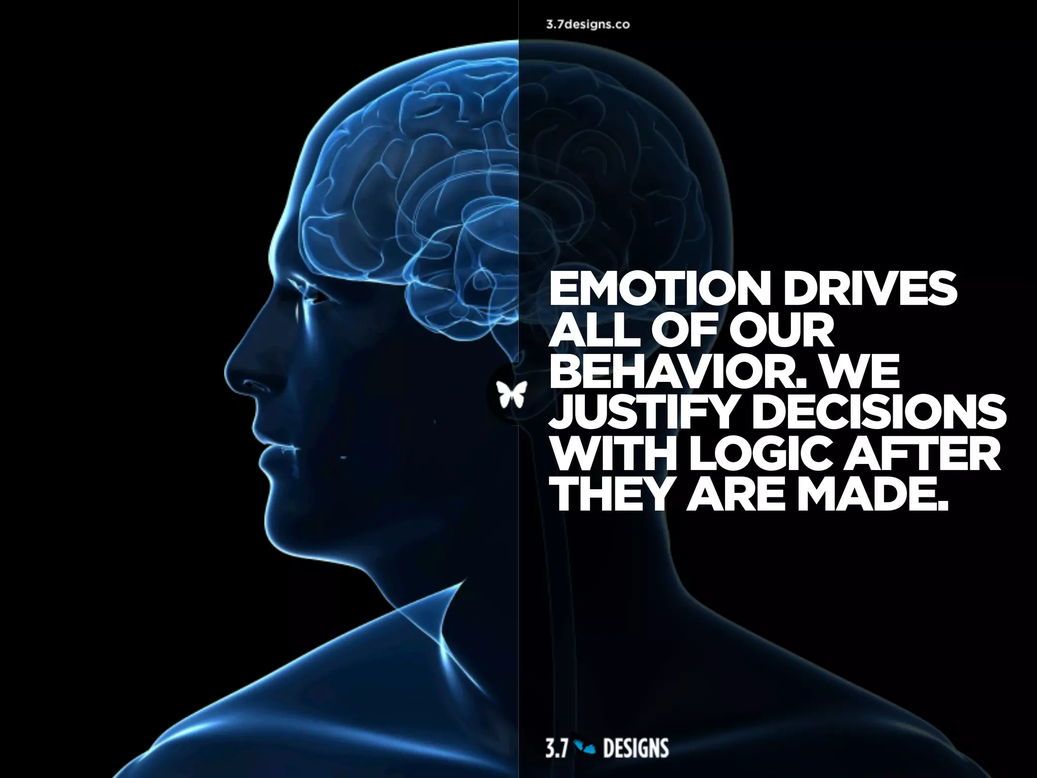 EMOTION DRIVES
ALL OF OUR
BEHAVIOR. WE
JUSTIFY DECISIONS
WITH LOGIC AFTER
THEY ARE MADE.
 
