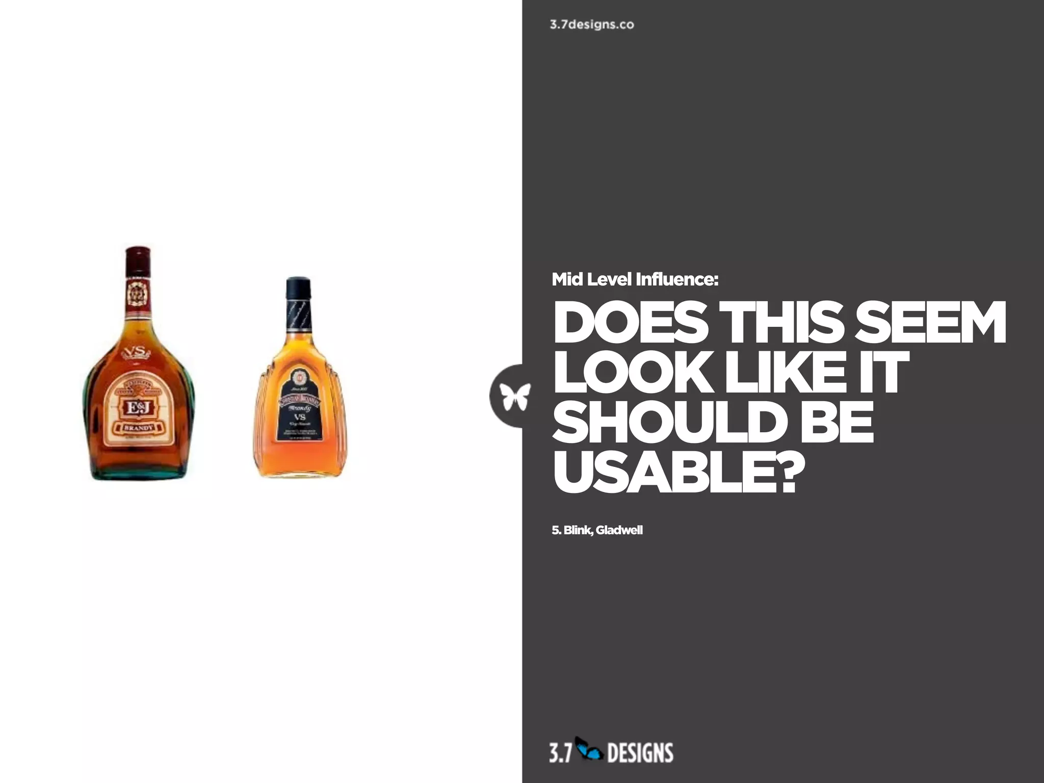 Mid Level Influence:


DOES THIS SEEM
LOOK LIKE IT
SHOULD BE
USABLE?
5. Blink, Gladwell
 