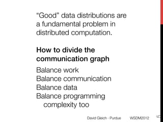 “Good” data distributions are
a fundamental problem in
distributed computation.
!
How to divide the
communication graph!
Balance work
Balance communication
Balance data
Balance programming
  complexity too




                                                     5
                David Gleich · Purdue
   WSDM2012
 