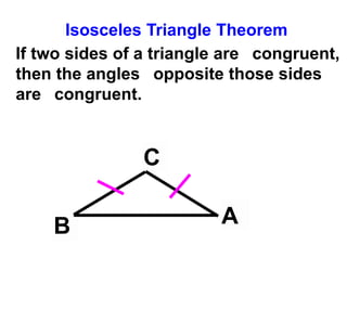 C
Isosceles Triangle Theorem
If two sides of a triangle are congruent,
then the angles opposite those sides
are congruent.
B A
 