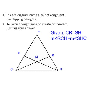 S
T
RM
C H
Given: CR=SH
m<RCH=m<SHC
 