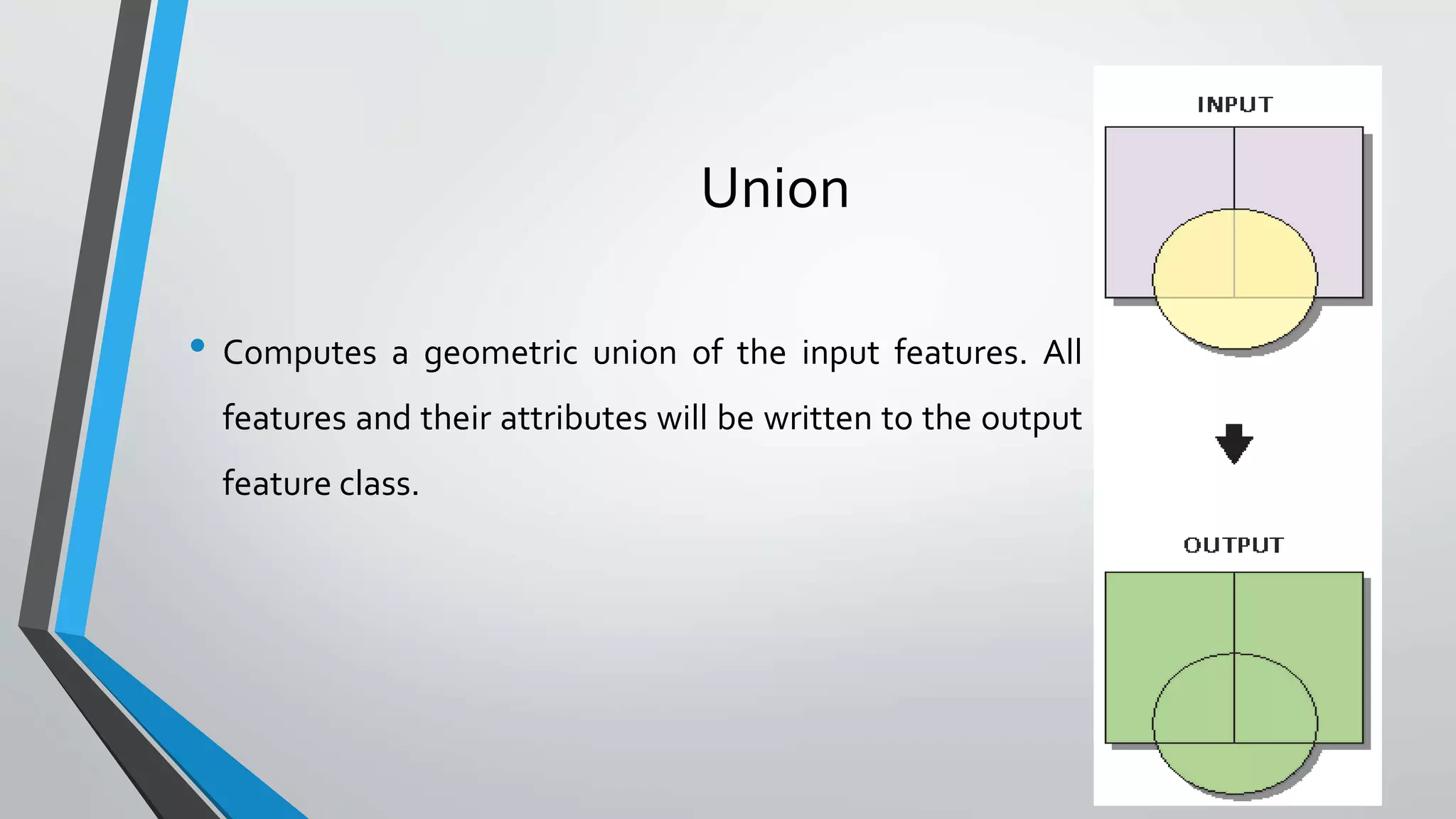 Union
• Computes a geometric union of the input features. All
features and their attributes will be written to the output
feature class.
