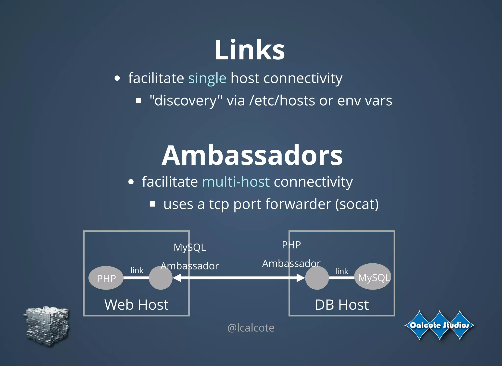 Links
facilitate single host connectivity
"discovery" via /etc/hosts or env vars
@lcalcote
Ambassadors
facilitate multi-host connectivity
uses a tcp port forwarder (socat)
Web Host
MySQL
Ambassador
PHP
DB Host
PHP
Ambassador
MySQL
link link
 