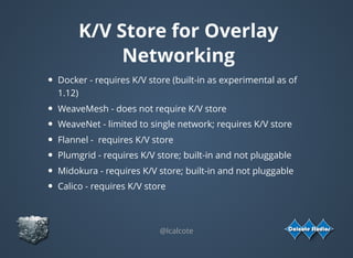 K/V Store for Overlay
Networking
Docker - requires K/V store (built-in as experimental as of
1.12)
WeaveMesh - does not require K/V store
WeaveNet - limited to single network; requires K/V store
Flannel -  requires K/V store
Plumgrid - requires K/V store; built-in and not pluggable
Midokura - requires K/V store; built-in and not pluggable
Calico - requires K/V store
@lcalcote
 
