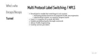 Who's who
Encaps/Decaps
Tunnel
Multi Protocol Label Switching / MPLS
Developed to enable fast switching in core routers
Sw...