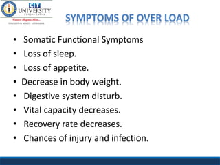 • Somatic Functional Symptoms
• Loss of sleep.
• Loss of appetite.
• Decrease in body weight.
• Digestive system disturb.
• Vital capacity decreases.
• Recovery rate decreases.
• Chances of injury and infection.
SYMPTOMS OF OVER LOAD
 