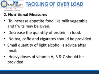 TACKLING OF OVER LOAD
2. Nutritional Measures
• To increase appetite food like milk vegetable
and fruits may be given.
• Decrease the quantity of protein in food.
• No tea, coffe and cigarates should be provided.
• Small quantity of light alcohol is advice after
meal.
• Heavy doses of vitamin A, B & C should be
provided.
 