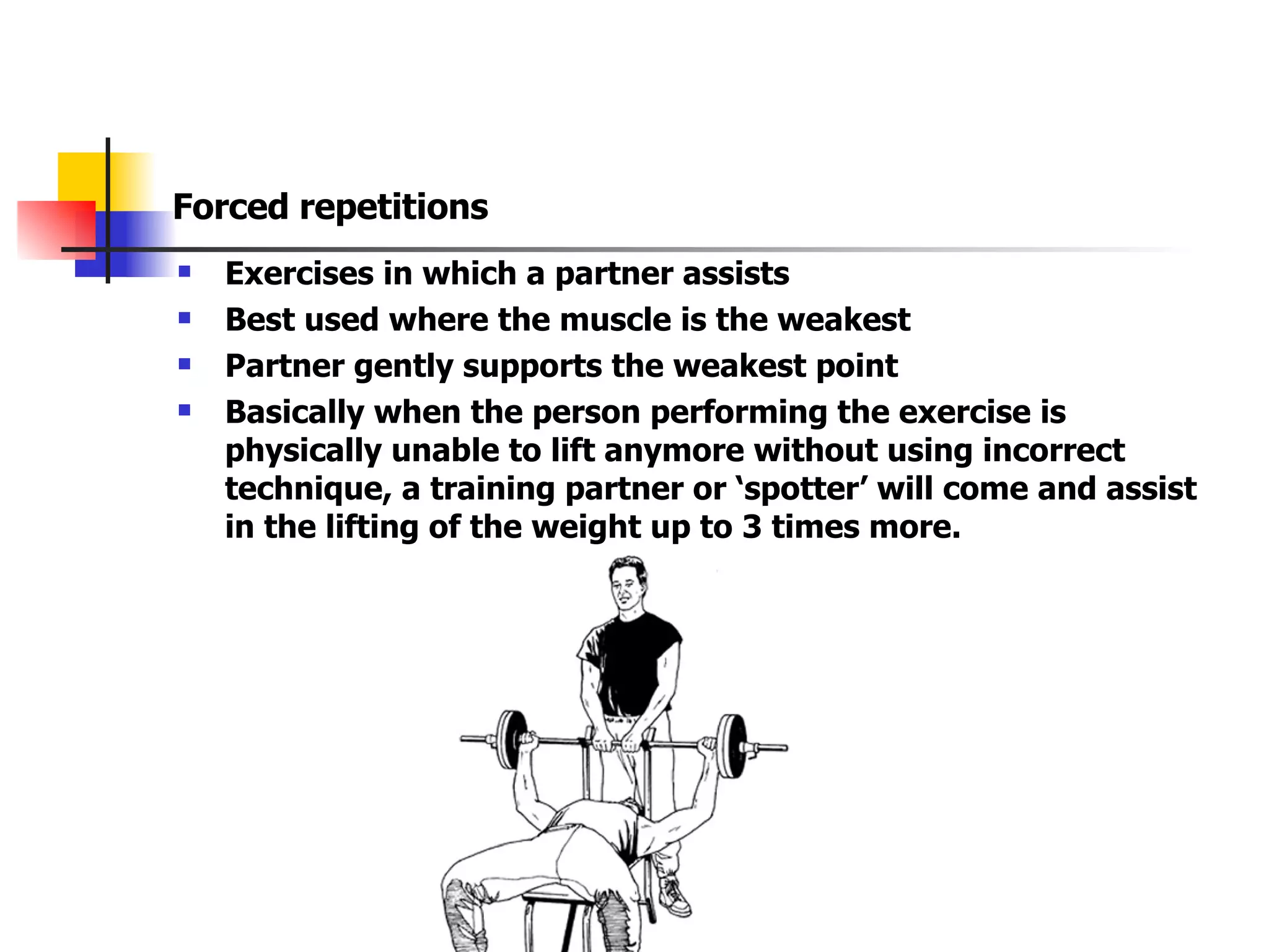 Forced repetitions Exercises in which a partner assists  Best used where the muscle is the weakest  Partner gently supports the weakest point Basically when the person performing the exercise is physically unable to lift anymore without using incorrect technique, a training partner or ‘spotter’ will come and assist in the lifting of the weight up to 3 times more. 