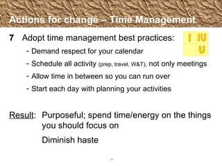 Actions for change – Time Management 7 Adopt time management best practices: Demand respect for your calendar Schedule all activity  (prep, travel, W&T),  not only meetings Allow time in between so you can run over Start each day with planning your activities Result :  Purposeful; spend time/energy on the things  you should focus on Diminish haste 