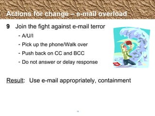 Actions for change – e-mail overload 9 Join the fight against e-mail terror A/U/I Pick up the phone/Walk over Push back on CC and BCC Do not answer or delay response Result :  Use e-mail appropriately, containment 
