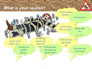 What is  your  reason? I want to please everyone... No one can do it like I do it... Instructing someone else takes more time.. I do not know how to say NO! I have no one to take over for me! Can you ever? And that is a problem because... Will that time-investment pay off over time? Repeat after me: N  O  ! Have you tried recruitment? 