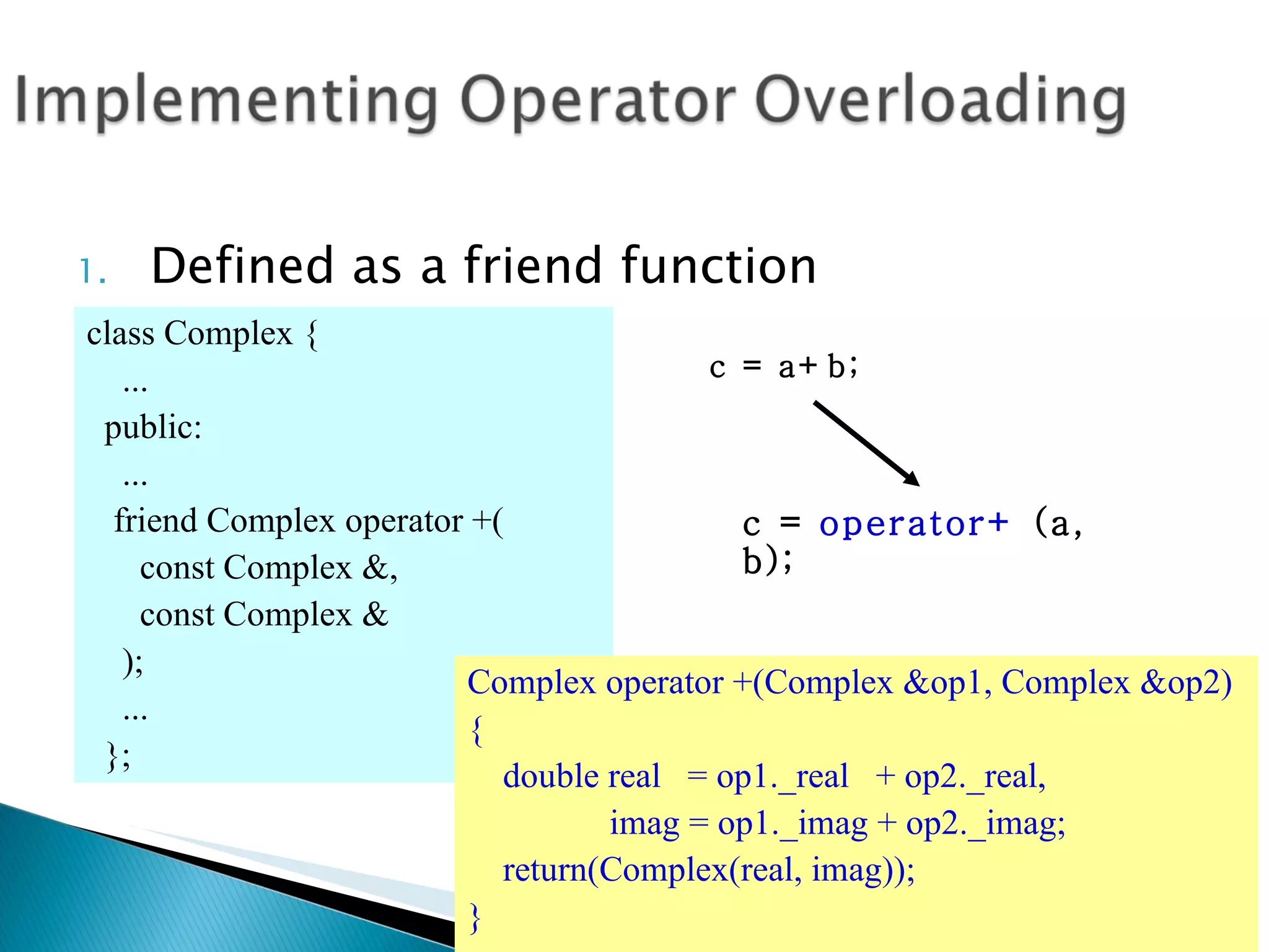 Defined as a friend function class Complex { ... public: ... friend Complex operator +( const Complex &,  const Complex & ); ... }; Complex operator +(Complex &op1, Complex &op2)  { double real  = op1._real  + op2._real, imag = op1._imag + op2._imag; return(Complex(real, imag)); } c = a+b; c =  operator+  (a, b);  