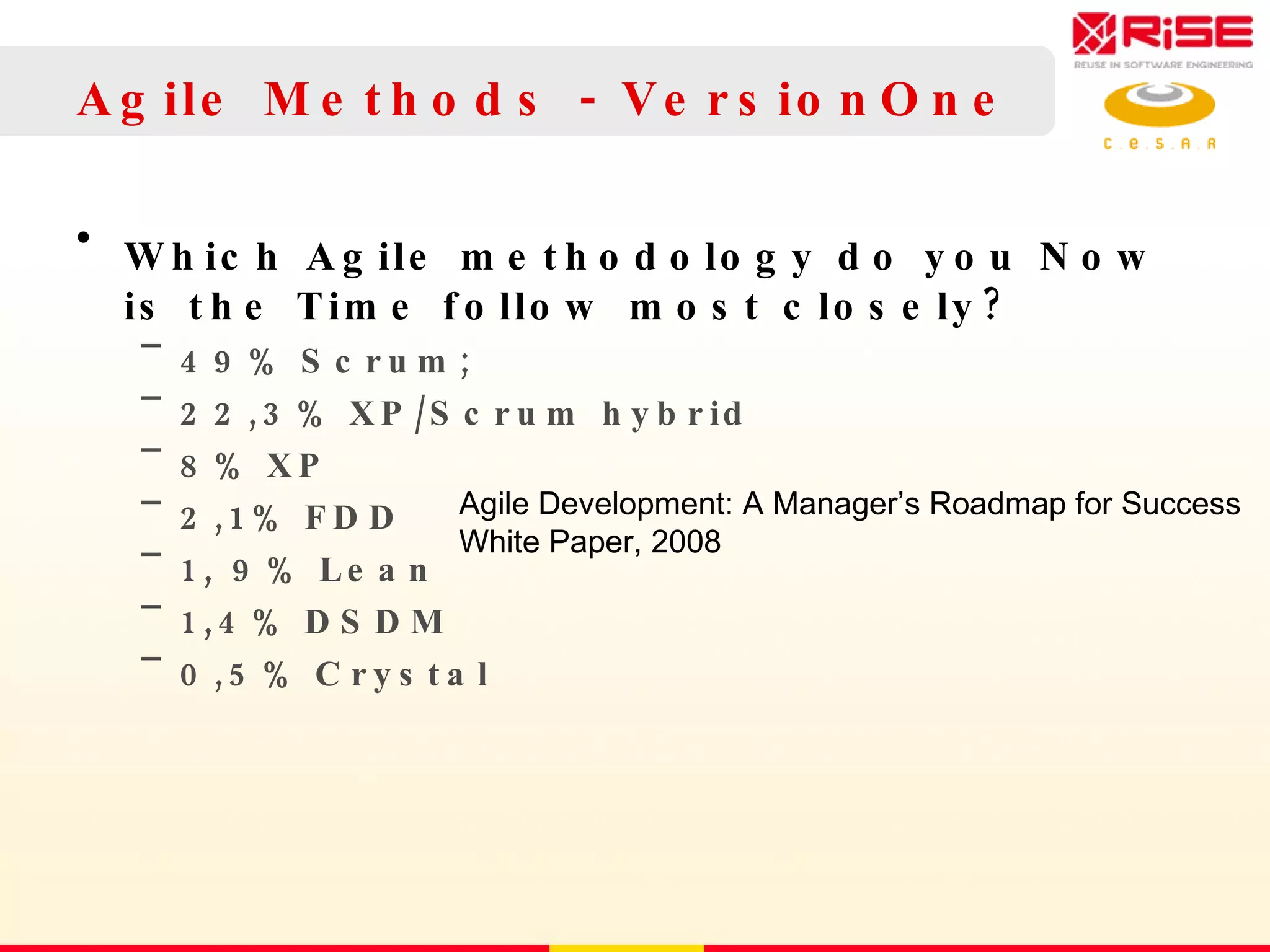 Agile Methods - VersionOne Which Agile methodology do you Now is the Time follow most closely? 49% Scrum;  22,3% XP/Scrum hybrid 8% XP 2,1% FDD 1, 9% Lean 1,4% DSDM 0,5% Crystal  Agile Development: A Manager’s Roadmap for Success White Paper, 2008 