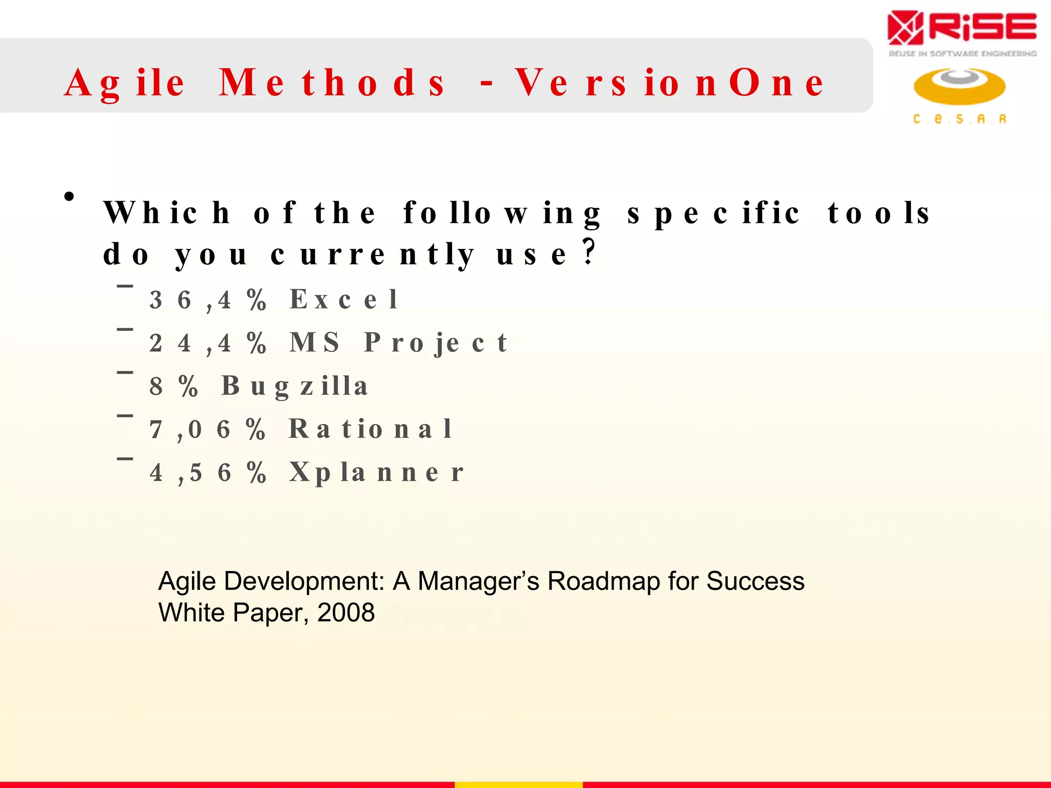 Agile Methods - VersionOne Which of the following specific tools do you currently use? 36,4% Excel 24,4% MS Project 8% Bugzilla 7,06% Rational 4,56% Xplanner Agile Development: A Manager’s Roadmap for Success White Paper, 2008 