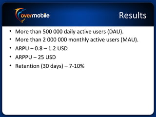 Results
• More than 500 000 daily active users (DAU).
• More than 2 000 000 monthly active users (MAU).
• ARPU – 0.8 – 1.2 USD
• ARPPU – 25 USD
• Retention (30 days) – 7-10%
 
