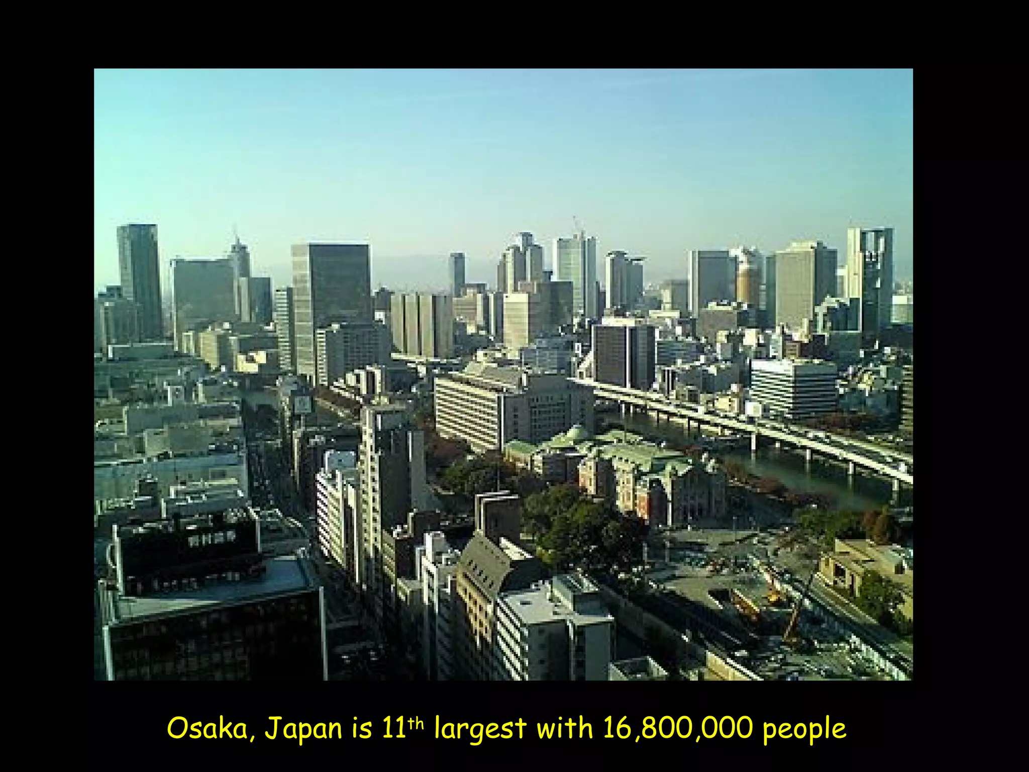 Osaka, Japan is 11th largest with 16,800,000 people