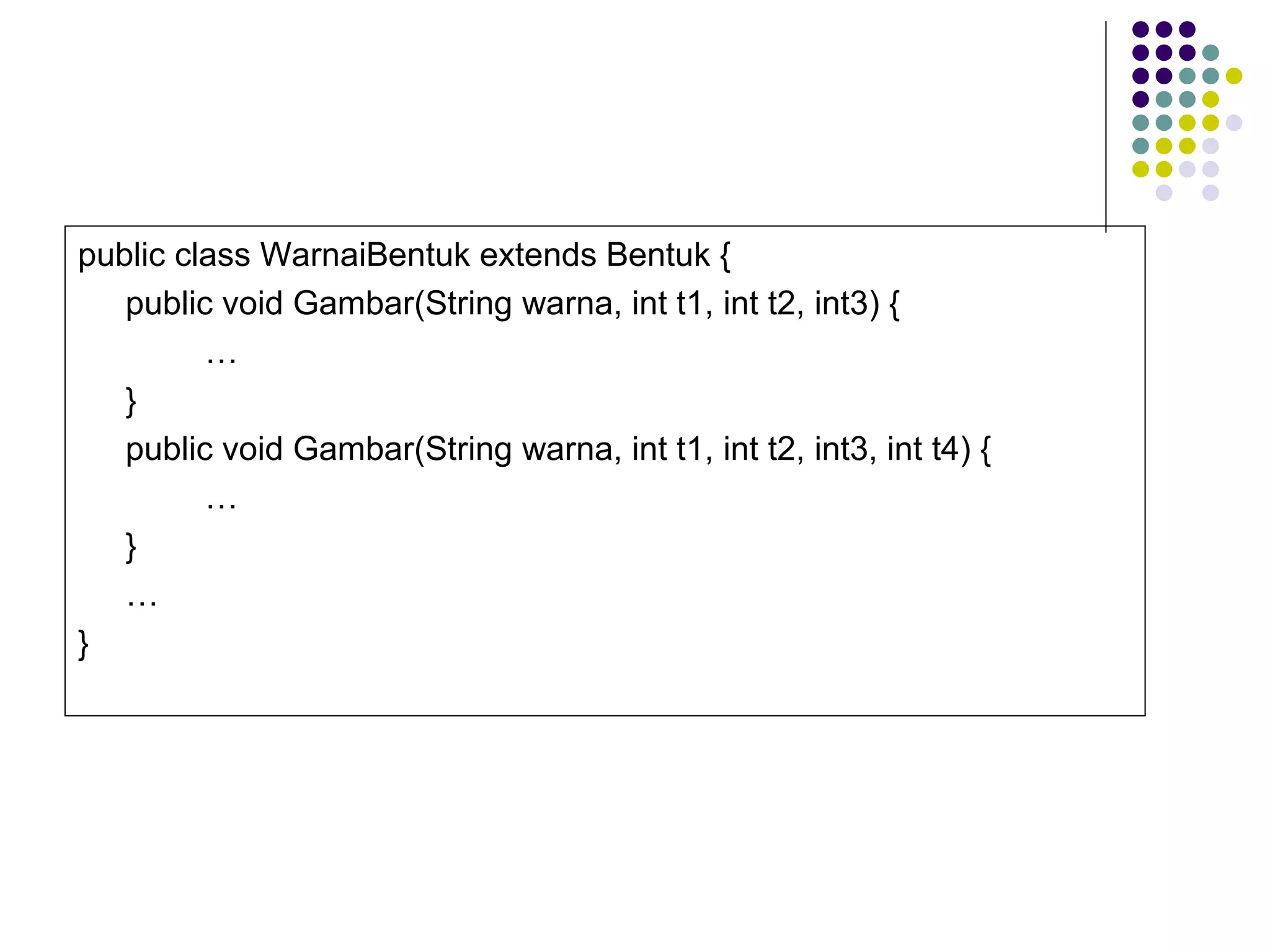 public class WarnaiBentuk extends Bentuk { public void Gambar(String warna, int t1, int t2, int3) { … } public void Gambar(String warna, int t1, int t2, int3, int t4) { … } … } 