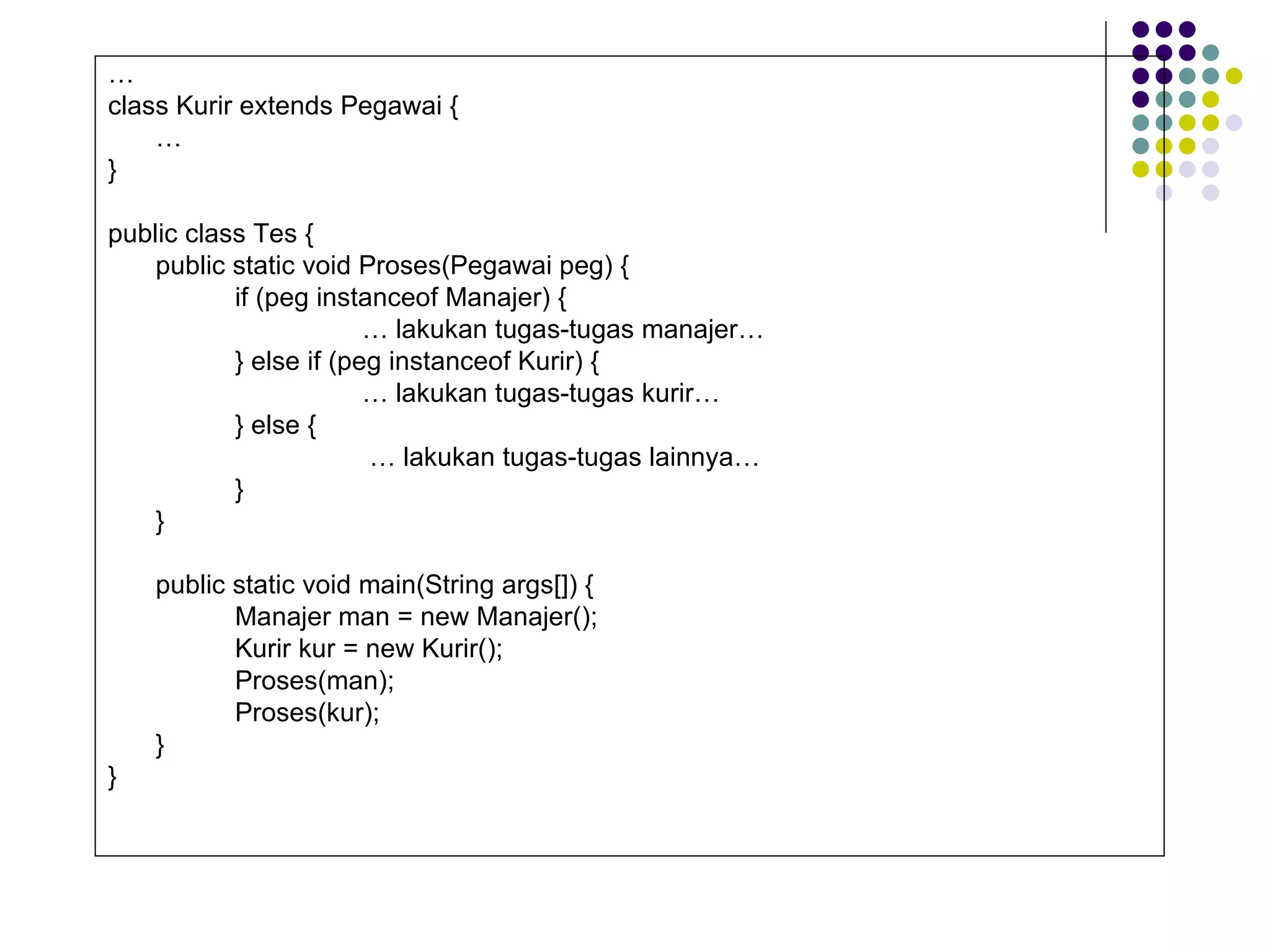 … class Kurir extends Pegawai { … } public class Tes { public static void Proses(Pegawai peg) { if (peg instanceof Manajer) {   …  lakukan tugas-tugas manajer… } else if (peg instanceof Kurir) {     …  lakukan tugas-tugas kurir… } else {    …  lakukan tugas-tugas lainnya… } } public static void main(String args[]) { Manajer man = new Manajer(); Kurir kur = new Kurir(); Proses(man); Proses(kur); } } 