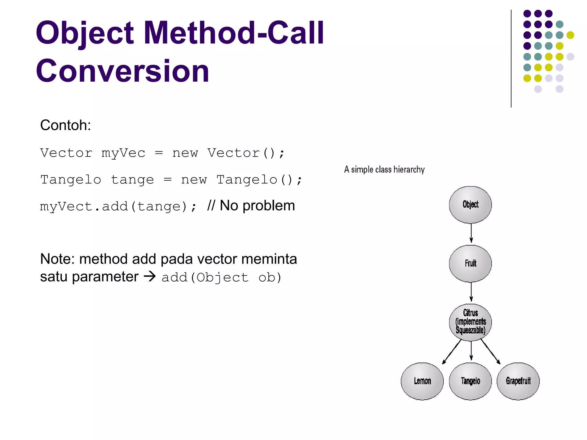 Object Method-Call Conversion Contoh: Vector myVec = new Vector(); Tangelo tange = new Tangelo(); myVect.add(tange);  // No problem Note: method add pada vector meminta satu parameter     add(Object ob) 
