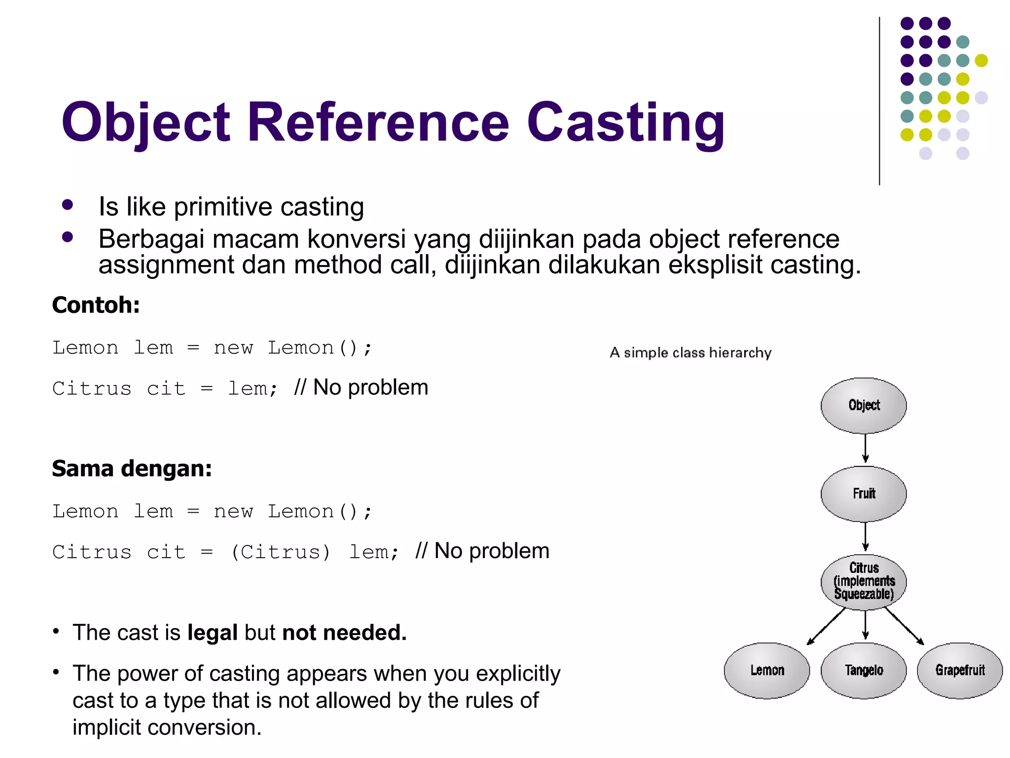 Object Reference Casting Is like primitive casting Berbagai macam konversi yang diijinkan pada object reference assignment dan method call, diijinkan dilakukan eksplisit casting. Contoh: Lemon lem = new Lemon(); Citrus cit = lem;  // No problem Sama dengan: Lemon lem = new Lemon(); Citrus cit = (Citrus) lem;  // No problem The cast is  legal  but  not   needed. The power of casting appears when you explicitly cast to a type that is not allowed by the rules of implicit conversion. 