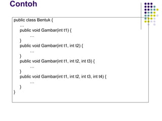 Contoh public class Bentuk { … public void Gambar(int t1) { … } public void Gambar(int t1, int t2) { … } public void Gambar(int t1, int t2, int t3) { … } public void Gambar(int t1, int t2, int t3, int t4) { … } } 