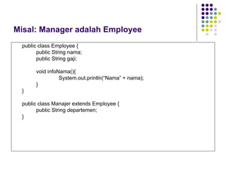 Misal: Manager adalah Employee public class Employee { public String nama; public String gaji; void infoNama(){ System.out.println(“Nama” + nama); } } public class Manajer extends Employee { public String departemen; } 