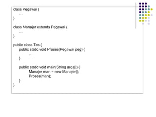 class Pegawai { … } class Manajer extends Pegawai { … } public class Tes { public static void Proses(Pegawai peg) { … } public static void main(String args[]) { Manajer man = new Manajer(); Proses(man); } } 