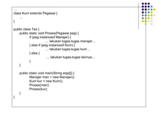 … class Kurir extends Pegawai { … } public class Tes { public static void Proses(Pegawai peg) { if (peg instanceof Manajer) {   …  lakukan tugas-tugas manajer… } else if (peg instanceof Kurir) {     …  lakukan tugas-tugas kurir… } else {    …  lakukan tugas-tugas lainnya… } } public static void main(String args[]) { Manajer man = new Manajer(); Kurir kur = new Kurir(); Proses(man); Proses(kur); } } 