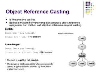 Object Reference Casting Is like primitive casting Berbagai macam konversi yang diijinkan pada object reference assignment dan method call, diijinkan dilakukan eksplisit casting. Contoh: Lemon lem = new Lemon(); Citrus cit = lem;  // No problem Sama dengan: Lemon lem = new Lemon(); Citrus cit = (Citrus) lem;  // No problem The cast is  legal  but  not   needed. The power of casting appears when you explicitly cast to a type that is not allowed by the rules of implicit conversion. 