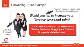 57 
Converting – CTA Example 
Problem: needs overseas sales 
Solution: business blogging 
Attractive 
& relevant 
image 
O...