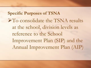 Specific Purposes of TSNA 
¾To consolidate the TSNA results at the school, division levels as reference to the School Improvement Plan (SIP) and the Annual Improvement Plan (AIP)  