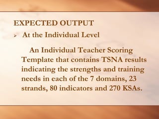 EXPECTED OUTPUT 
¾At the Individual Level 
An Individual Teacher Scoring Template that contains TSNA results indicating the strengths and training needs in each of the 7 domains, 23 strands, 80 indicators and 270 KSAs.  