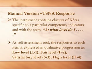 Manual Version –TSNA Response 
¾The instrument contains clusters of KSAs specific to a particular competency indicators and with the stem: “At what level do I . . . . .” 
¾ 
As self-assessment tool, the responses to each item is expressed in qualitative progression as: Low level (L-1), Fair level (F-2), Satisfactory level (S-3), High level (H-4).  