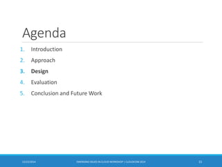 Agenda
1. Introduction
2. Approach
3. Design
4. Evaluation
5. Conclusion and Future Work
EMERGING ISSUES IN CLOUD WORKSHOP | CLOUDCOM 2014 1512/22/2014
 