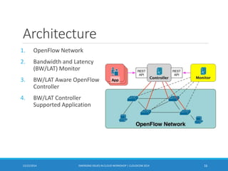 Architecture
1. OpenFlow Network
2. Bandwidth and Latency
(BW/LAT) Monitor
3. BW/LAT Aware OpenFlow
Controller
4. BW/LAT Controller
Supported Application
12/22/2014 EMERGING ISSUES IN CLOUD WORKSHOP | CLOUDCOM 2014 16
 
