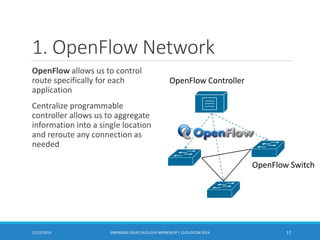 1. OpenFlow Network
OpenFlow allows us to control
route specifically for each
application
Centralize programmable
controller allows us to aggregate
information into a single location
and reroute any connection as
needed
12/22/2014 EMERGING ISSUES IN CLOUD WORKSHOP | CLOUDCOM 2014 17
OpenFlow Switch
OpenFlow Controller
 